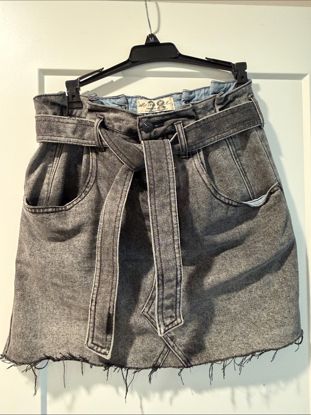 We The Free Washed Grey Tie-Belt Denim Mini Skirt